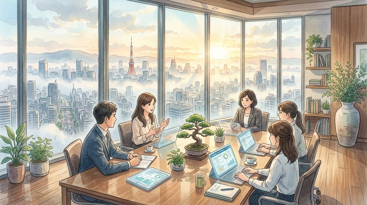 Studio Ghibli style watercolor illustration of an enterprise corporate boardroom with digital compliance dashboards overlooking city skyline