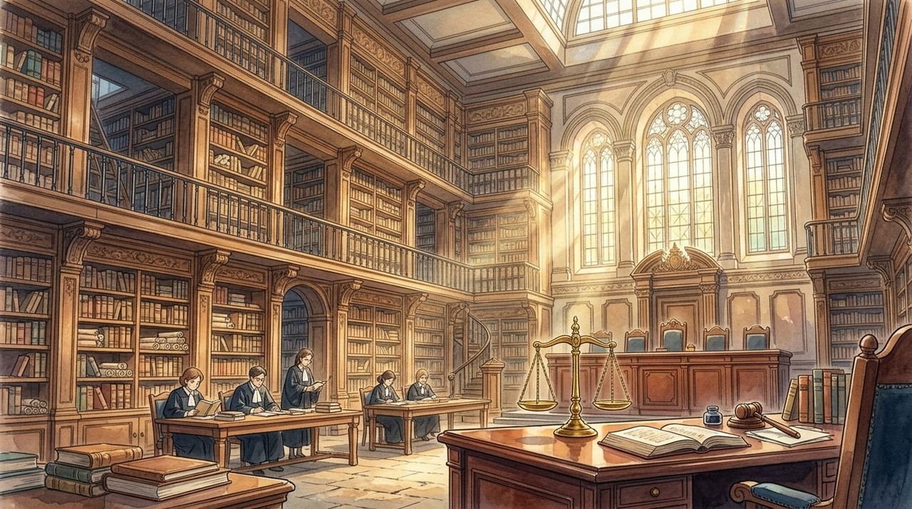 Studio Ghibli style watercolor illustration of a stately legal library courthouse with law books and search index diagrams