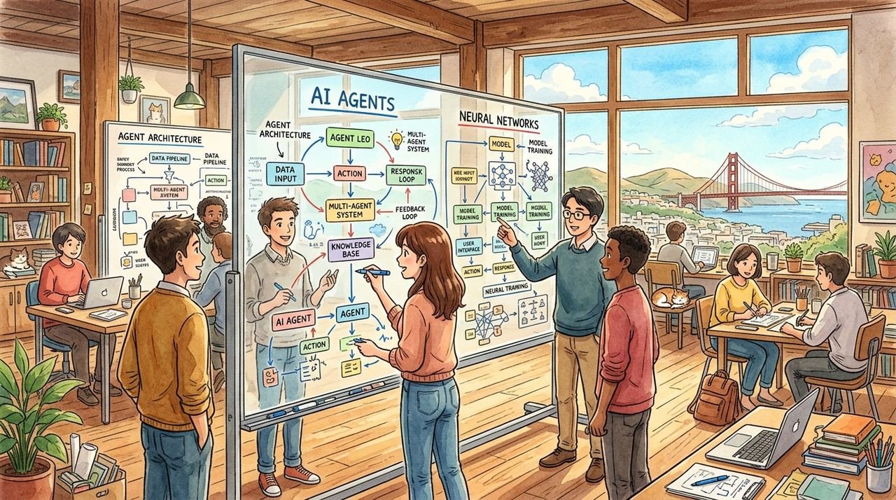 Studio Ghibli style watercolor illustration of a venture capital strategy room with lakehouse data architecture schematics