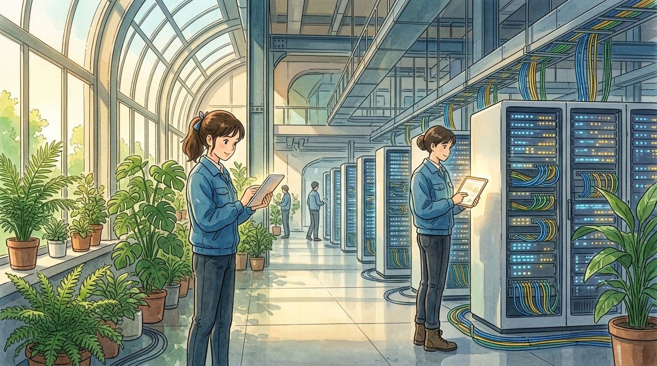 Cloud datacenter with engineers managing eBPF programmable kernel infrastructure in Ghibli style