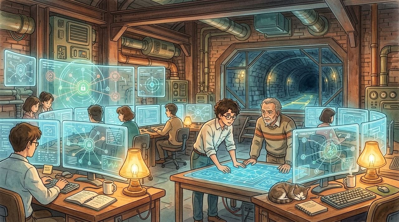 Studio Ghibli style watercolor illustration of a cyber forensics command bunker with glowing digital threat maps of federal networks