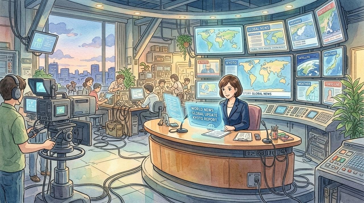 Studio Ghibli style watercolor illustration of a high tech social media newsroom with broadcast screens and digital satellite news dispatches
