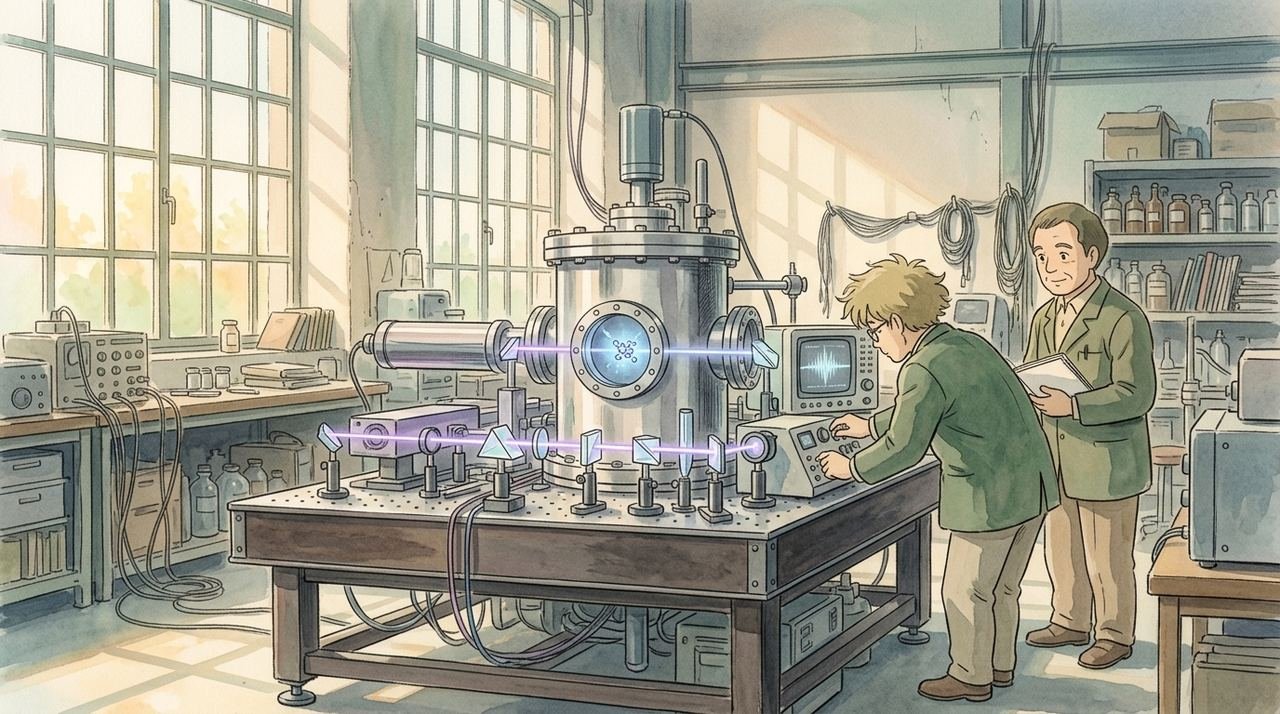 Studio Ghibli style watercolor illustration of a trapped-ion quantum computer vacuum chamber with purple laser beams in a Maryland laboratory