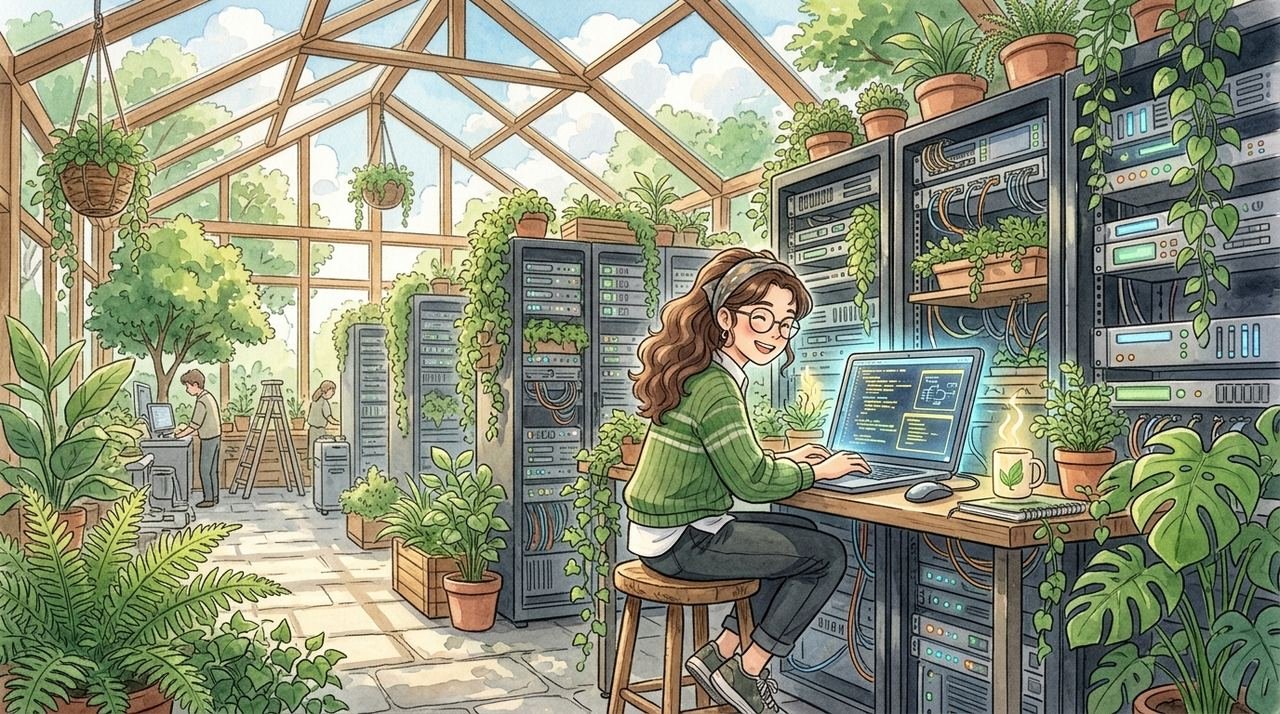 Studio Ghibli style watercolor illustration of a cloud engineer designing secure Kubernetes container meshes with glowing zero-trust shields