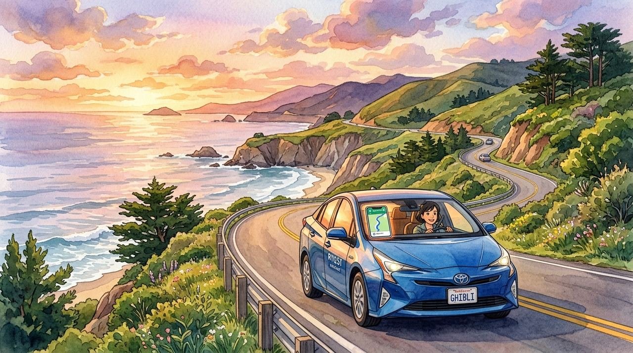 Studio Ghibli style watercolor illustration of a rideshare driver in a car with phone navigation app on dashboard during sunset over a coastal city highway