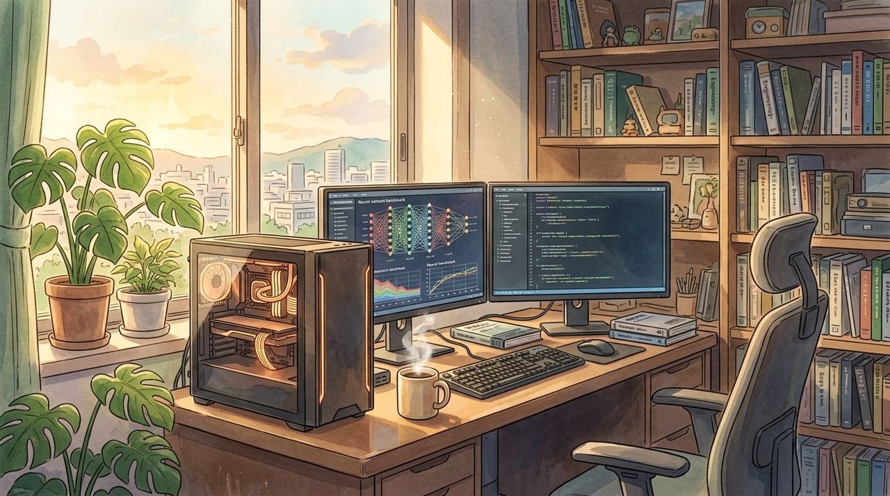 Studio Ghibli style watercolor illustration of an open-source machine learning developer fine-tuning neural weights on a dual-GPU workstation