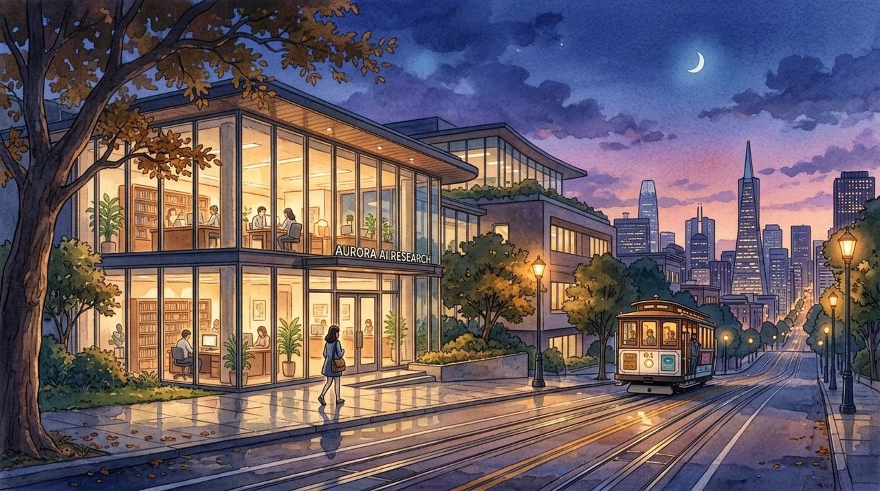 Studio Ghibli style watercolor illustration of a secure AI research office building in San Francisco at dusk with rain on glass