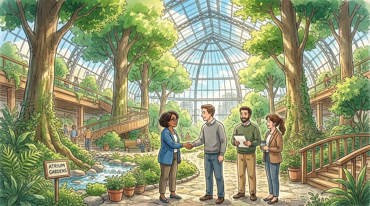 Studio Ghibli style watercolor illustration of corporate tech executives shaking hands inside a sunlit glass atrium campus with indoor trees