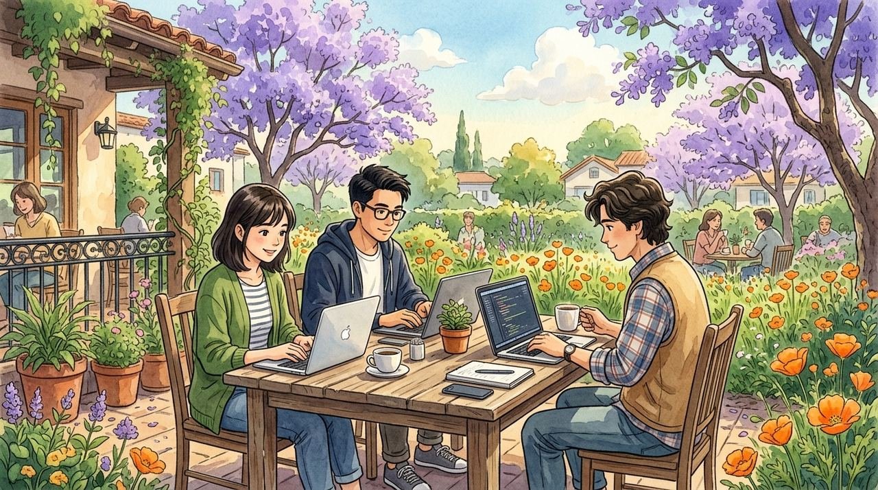 Studio Ghibli style watercolor illustration of Silicon Valley tech founders sketching startup software designs at an outdoor cafe patio