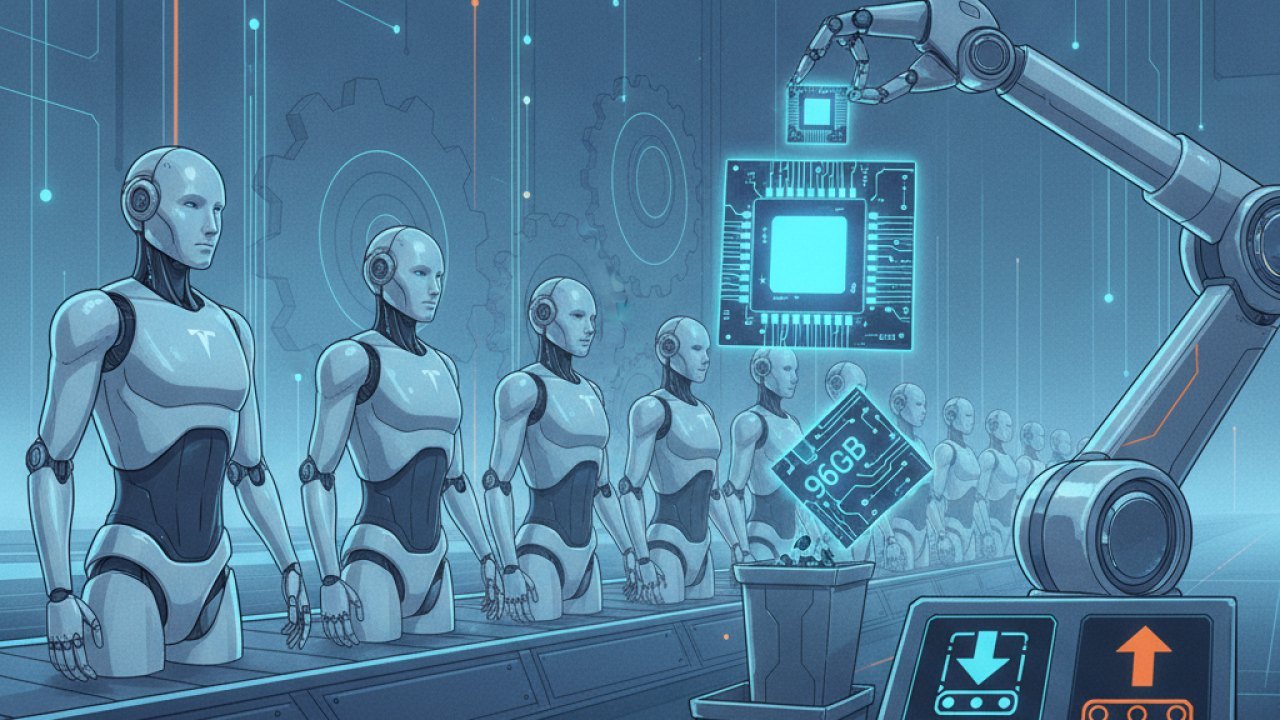 Tesla Cuts AI5 Chip Memory to 96GB to Keep Optimus Robot Lines Moving - Editorial Visual