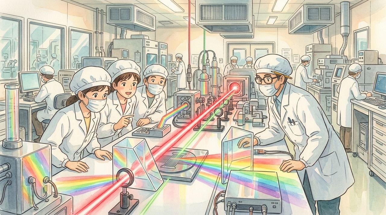 Studio Ghibli style watercolor illustration of a photonics cleanroom laboratory with laser light beams through optical silicon chips