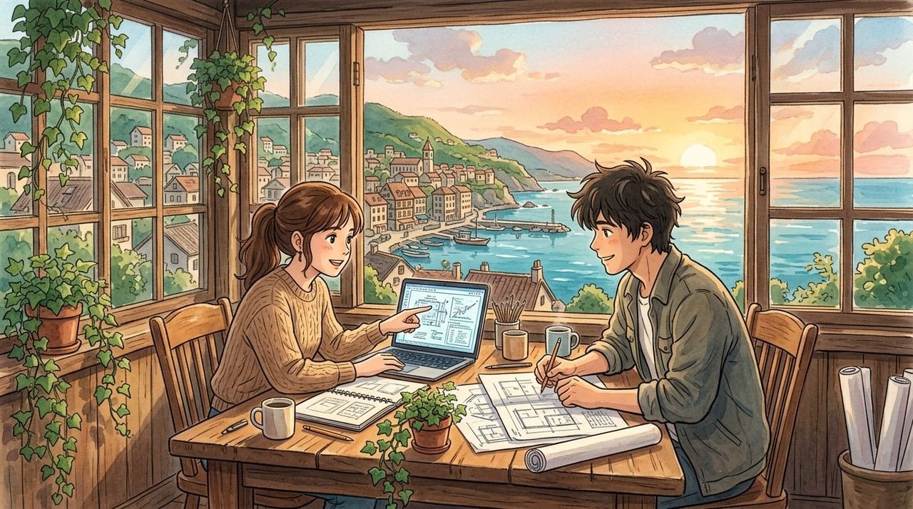Studio Ghibli style watercolor illustration of a buzzing tech demo day hall with young startup founders showcasing autonomous AI agents