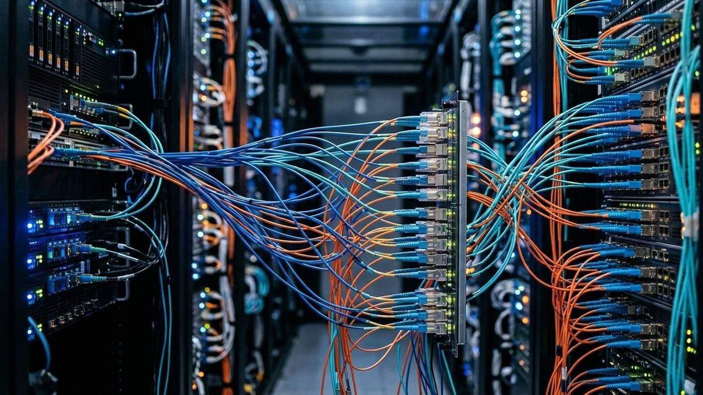 An editorial illustration of two cloud regions linked by a metered data pipe, with workload cards sorted into three placement lanes.