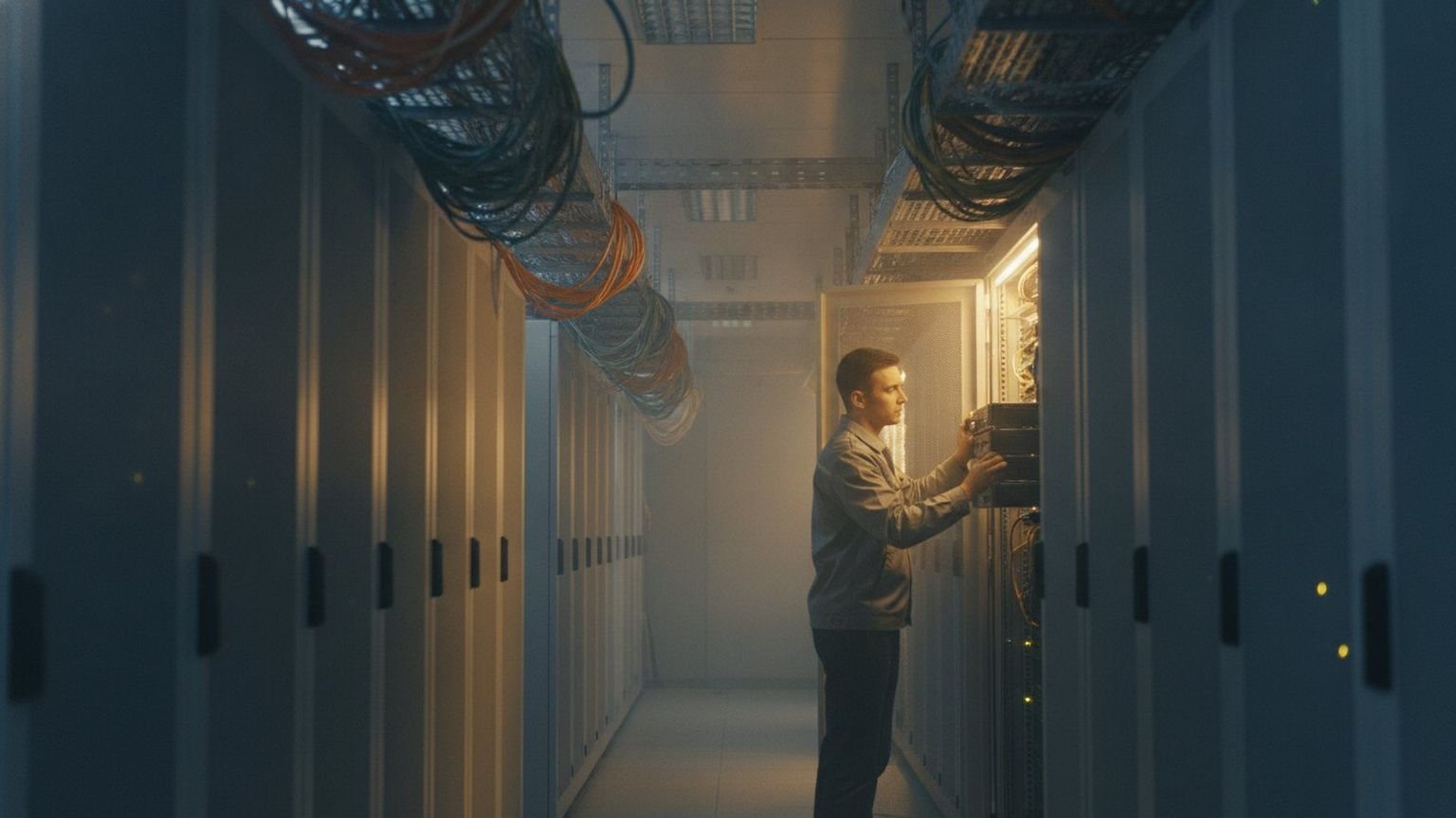 An editorial illustration of a cloud outline dissolving into a row of on-premises server racks.